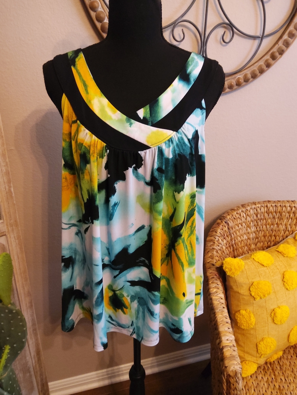 Cato Watercolor Tank Top in Yellow, Teal & Black